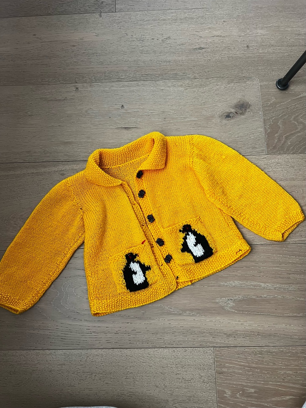 Vintage 80s Yellow Kids Penguin Knit Sweater Button Up Cardigan 5t